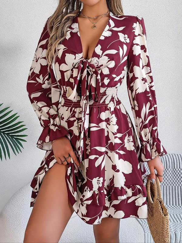 Women's Floral Print Ruffle Trim Shirred Tie Front A Line Dress, Boho Deep V Neck Flounce Sleeve Short Dress for Spring & Fall, Ladies Clothes for Beach Holiday Vacation 5