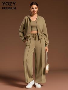 YOZY Women's Solid Drop Shoulder Zip Up Hooded Jacket & Drawstring Pants & Crop Vest Set, Casual Fashion Three-piece Outfits, Spring & Fall Outfits, Valentine's Day Gift for Girl