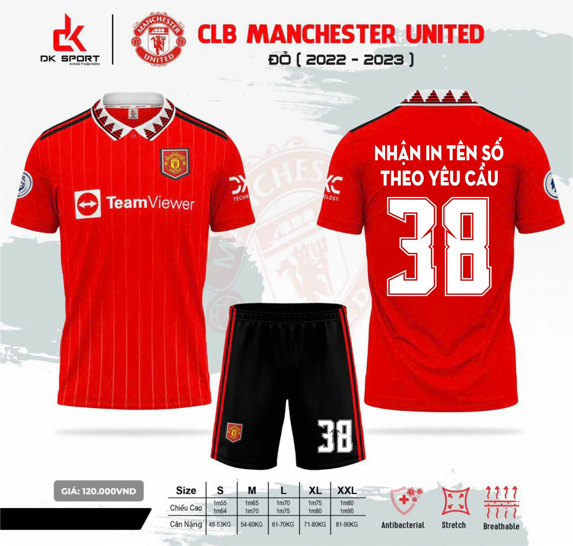 Áo đá bóng CLB Manchester United – MU màu Đỏ 23 có cổ, Vải thun lạnh thấm hút, co giãn thoải mái, logo áo quần thêu, có dây rút quần