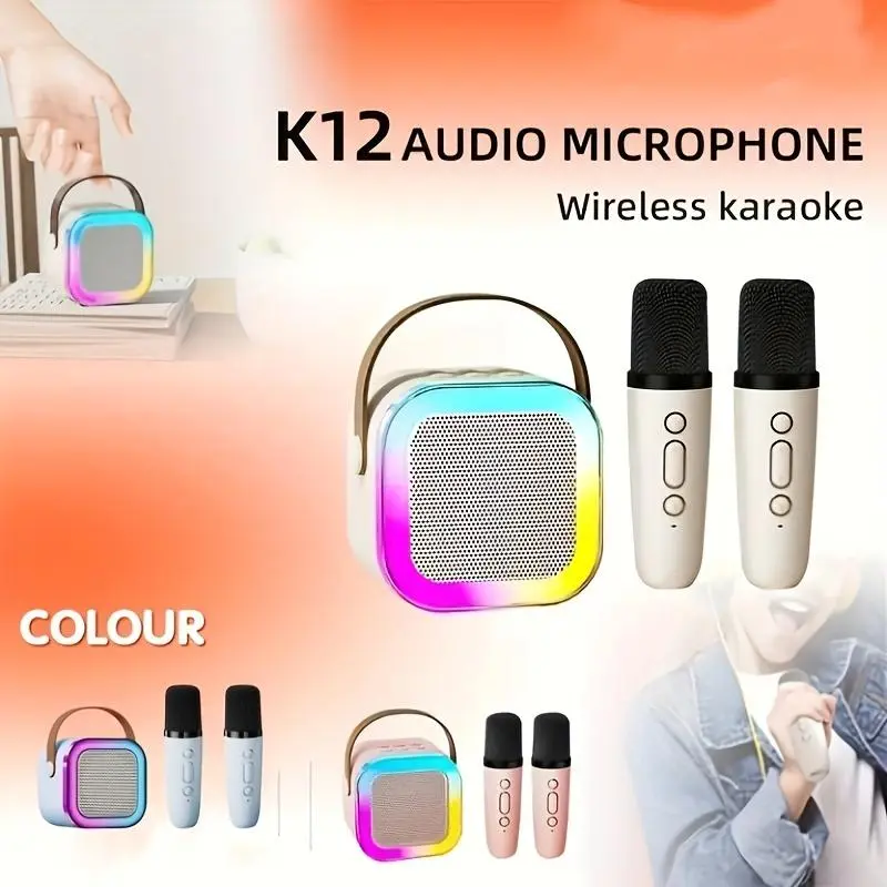 Portable Mini Karaoke Speaker, Rechargeable Wireless Microphone Speaker with 2 Wireless Microphones, Home KTV System for Kids & Adults, Audio 4