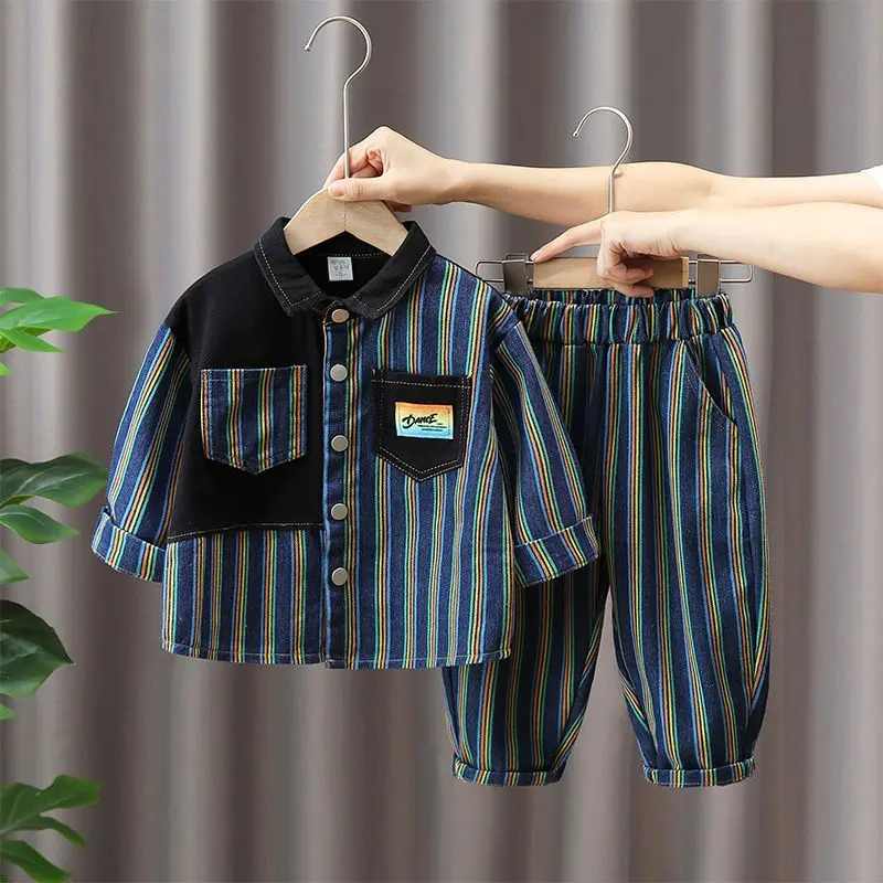 Quần Áo Mùa Thu Cho Bé Trai, Bộ Đồ Denim, Quần Áo Đẹp Trai Mới, Thích Hợp Cho Mùa Xuân Và Mùa Thu, Bộ Đồ Hai Mảnh Sọc Cho Trẻ Em 0