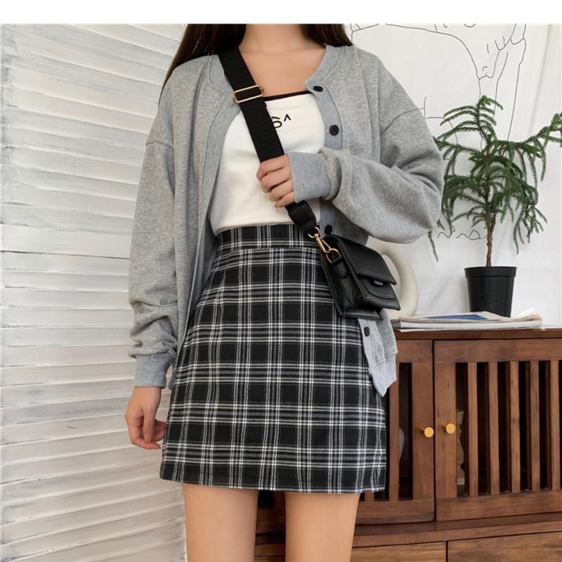 Product Introduction of Half length skirt, women's autumn outfit, new plaid bag buttacks half length skirt, black college style high waist slimming bag buttons A-line short skirt 7