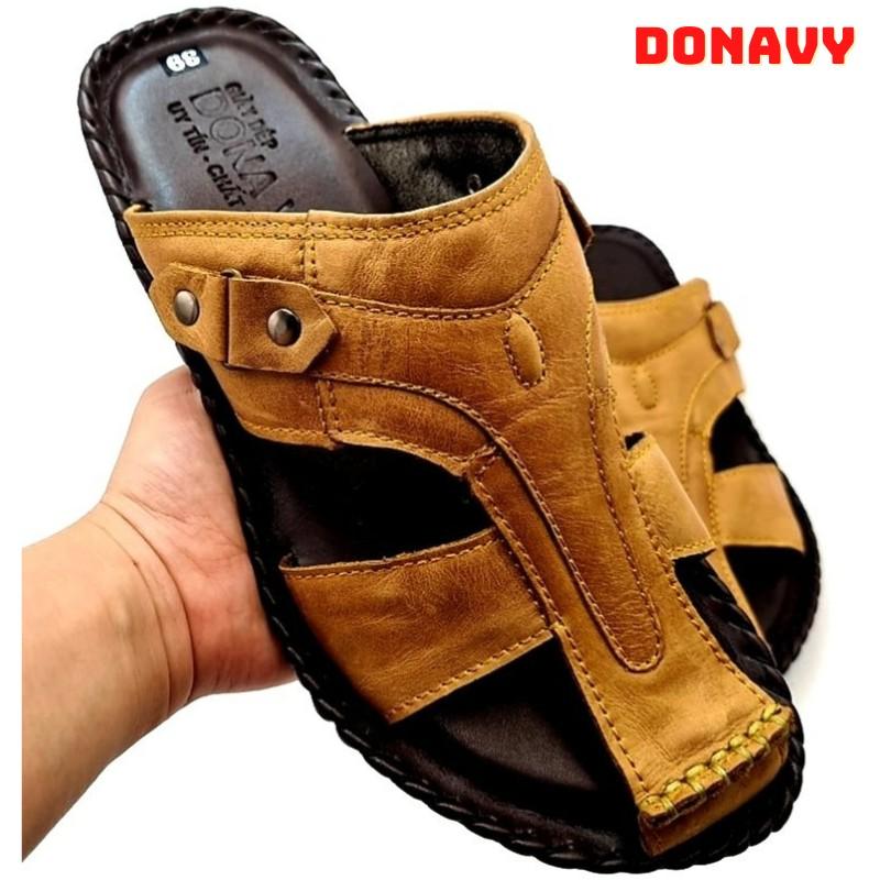 Dép Nam Da Bò DONAVY Kiểu Quai Rọ May Quai May Đế Chắc Chắn, Chống Trơn Trượt Full Box D.Rọ