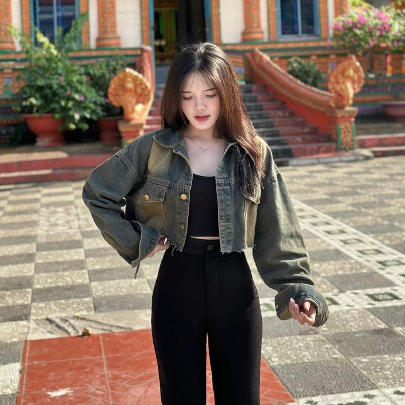 Áo khoác jean nữ croptop dạng lửng chất jean PLA222