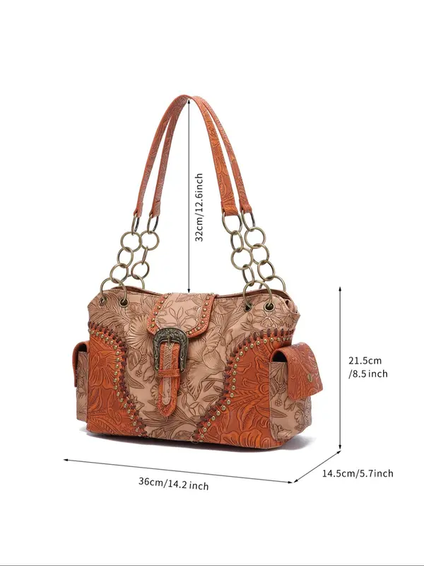 Fashion Vintage Floral Embossed Buckle Decorated Square Bag,  Casual Shoulder Bag for Women, All-match Handbag for Daily Used 7
