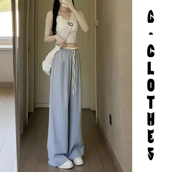 Quần ống suông rộng cạp phối 2 màu có dây rút tôn dáng nữ, chất liệu lụa băng thoáng mát Women Pants 2
