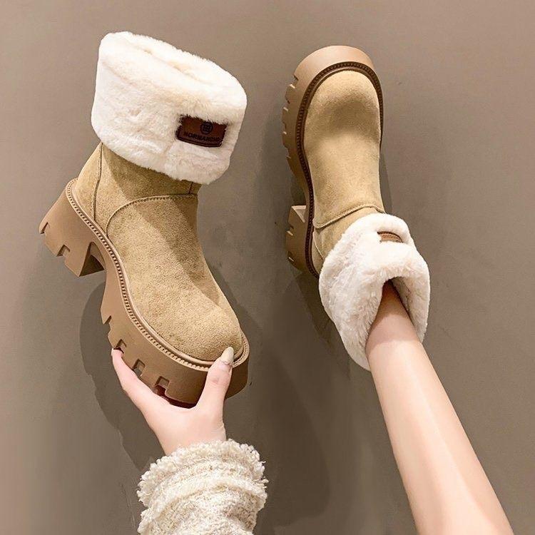 Giày bốt nữ cổ cao mắt cá chân dạng xỏ cổ boots lót lông phong cách thời trang chất da lộn gồm 2 màu dễ phối đồ