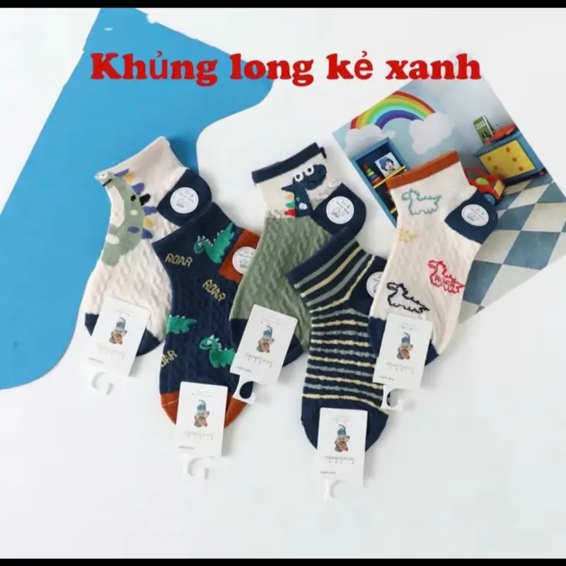 Combo 10 đôi tất khủng Long kẻ xanh rễ thương chất cotton co giãn cho bé trai dưới 8 tuổi (chân to nhích sz ah ) 0