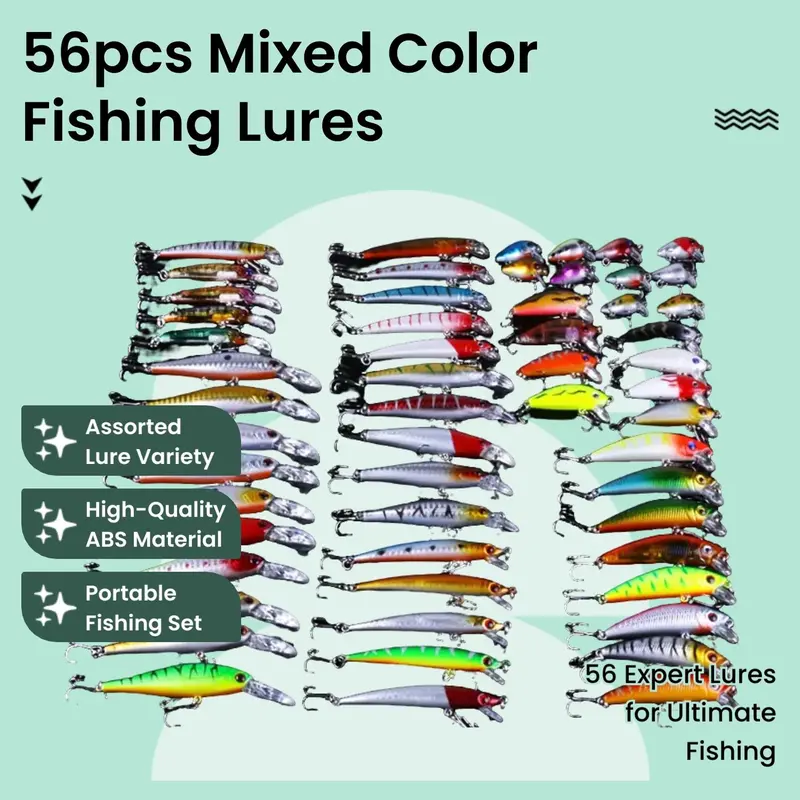 Artificial Fishing Lure (56pcs/set), Mixed Color & Shape Lure with Hook, Portable Outdoor Fishing Accessories for Fishing Enthusiasts, Valentines Day, Fishing Equipment 1