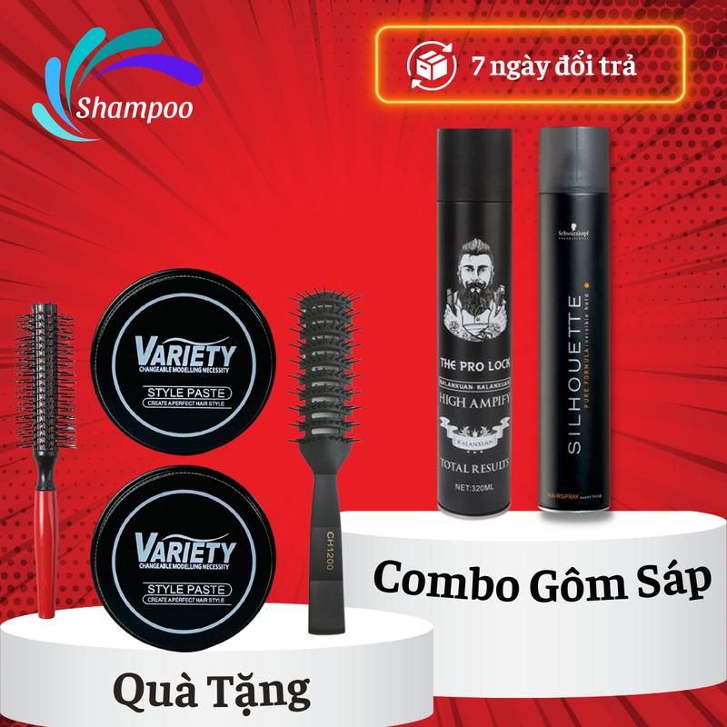 Combo 2 Sáp vuốt tóc Variety - 2 Gôm xịt tóc Sil House - Pro kèm 2 lược chaoba - Lược tròn tạo kiểu tóc