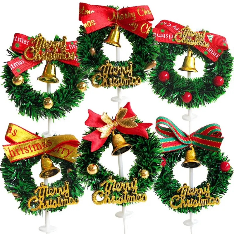 Christmas Grass Ring Plug-in Christmas Cake Decoration Card Baking Decoration Dessert Table Holiday Birthday Garland Bell Ornaments