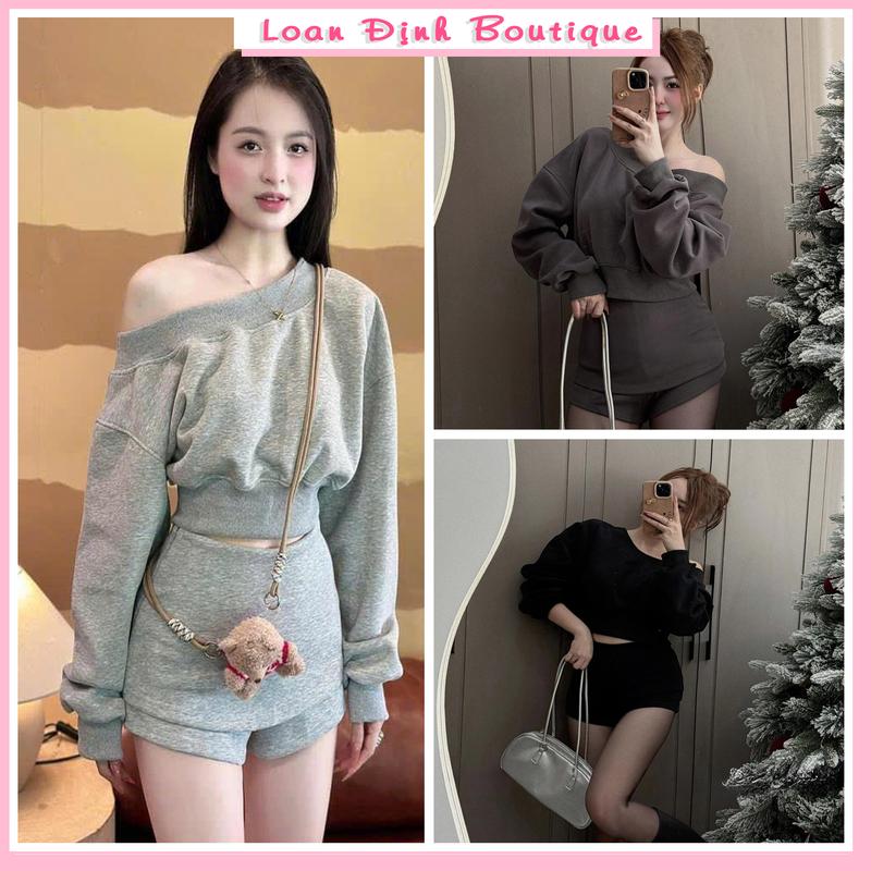 Set Áo Lệch Vai Nỉ 2 Da Quần Ôm Thiết Kế Đồ Bộ Nữ Thu Đông Sang Chảnh Loan Định Boutique LD015 Women Top