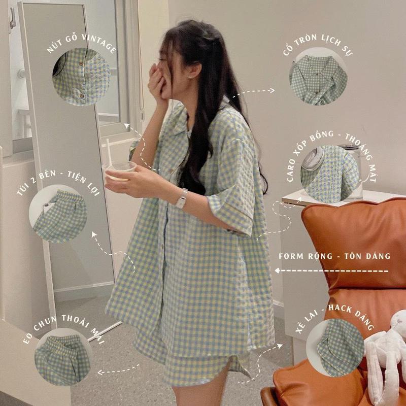 BỘ Đồ Pijama Nữ Tiểu Thư Tay Ngắn Quần Đùi Chất Đũi Xốp Họa Tiểt Kẻ Caro Cao Cấp Big Size,Đồ Ngủ Nữ Mặc Nhà Giá Rẻ