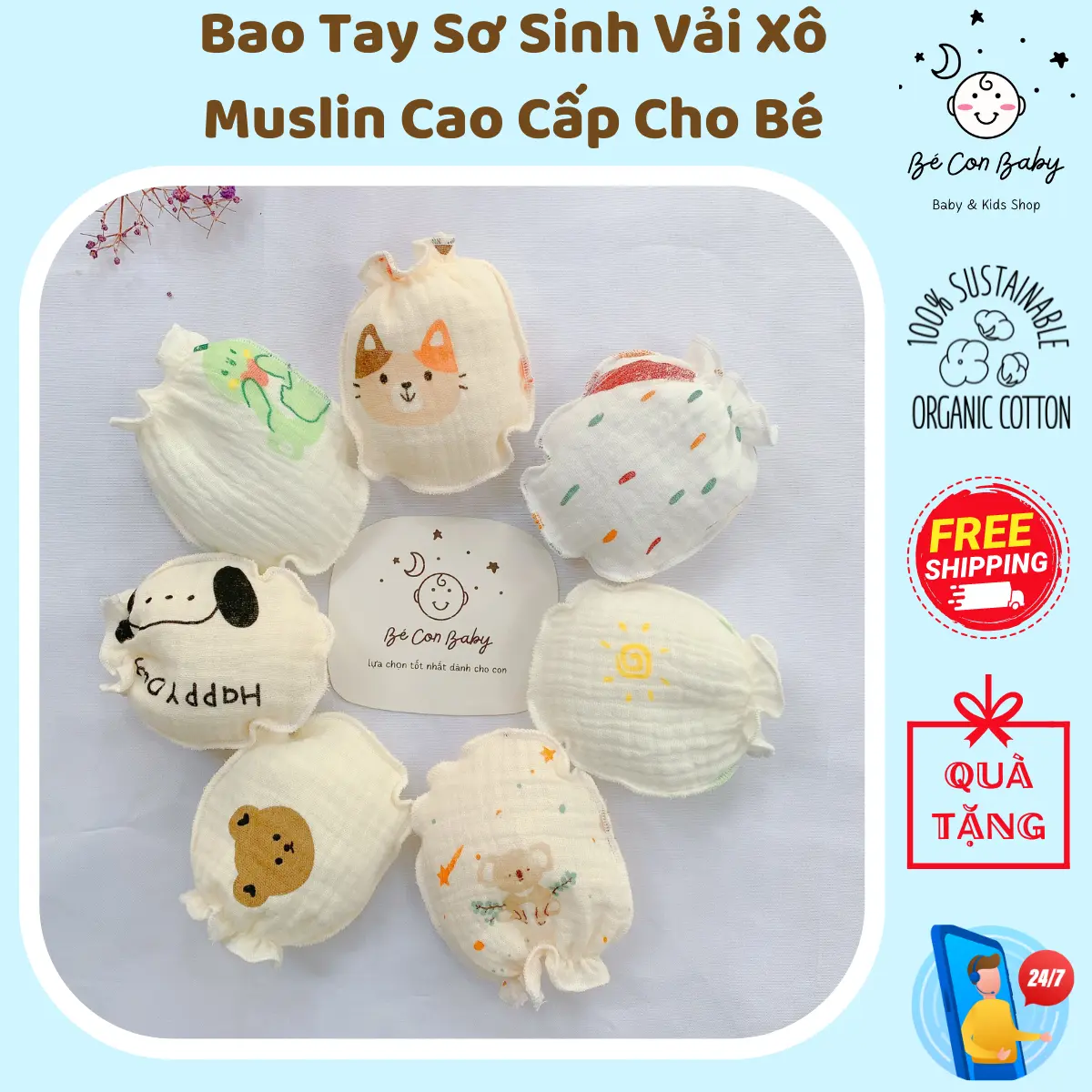 Bao Tay Cho Bé Sơ Sinh Thiết Kế An Toàn Vải Xô Muslin Mềm Mại Nhiều Họa Tiết Bao Tay Bao Chân