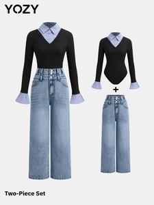 YOZY Women's Colorblock Striped Print Bodysuit & Denim-Effect Print Pants Set, Ladies Clothes for All Seasons