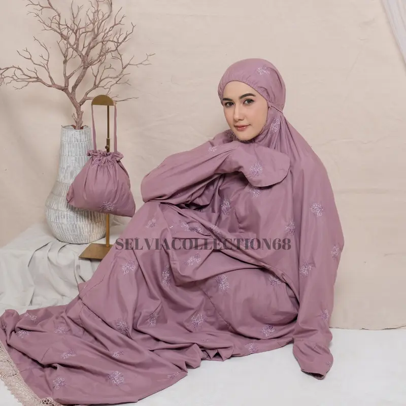 Mukena Terusan Dewasa Jumbo Bordir Bunga Melati 2in1 Katun Premium Panjang Cantik Lembut 2