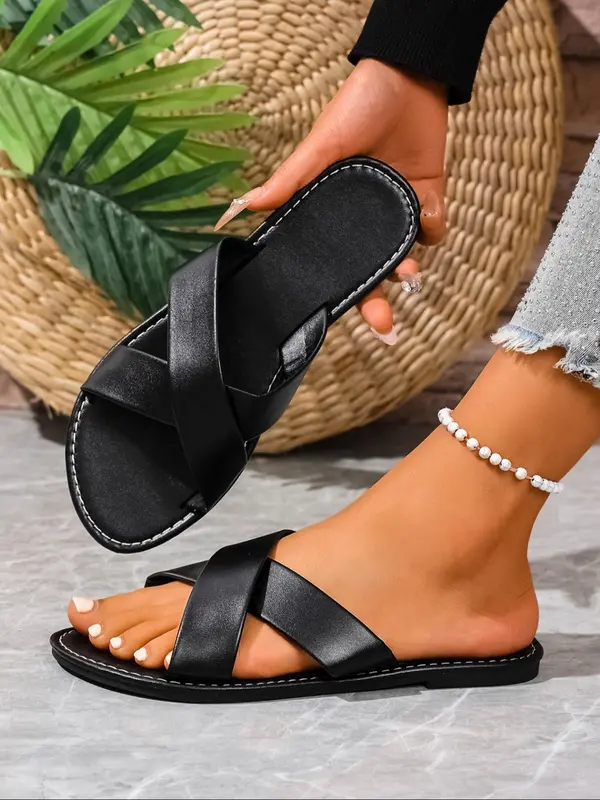 Women's Fashionable Plain Color Slides, Casual Comfortable Crossed Strap Slides for Summer, Lightweight Breathable Slides for Beach Vacation, Walking Shoes 6