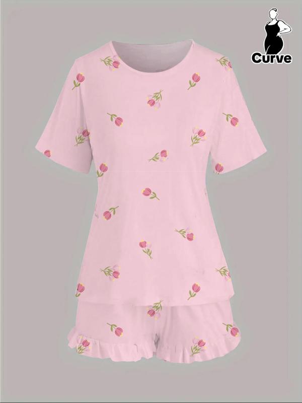 【Plus Size】 Floral Print Short Sleeve Tee & Ruffle Trim Shorts Pyjama Set, Pyjamas for Women, Round Neck T-shirt & Elastic Waist Shorts Pj Set, Women's Sleepwear for Spring & Fall, Women Nightwear, Lounge Set for Women, Pajama Sets Women, Pajamas 6