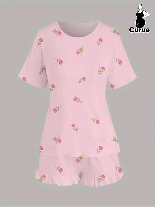 【Plus Size】 Floral Print Short Sleeve Tee & Ruffle Trim Shorts Pyjama Set, Pyjamas for Women, Round Neck T-shirt & Elastic Waist Shorts Pj Set, Women's Sleepwear for Spring & Fall, Women Nightwear, Lounge Set for Women, Pajama Sets Women, Pajamas 6