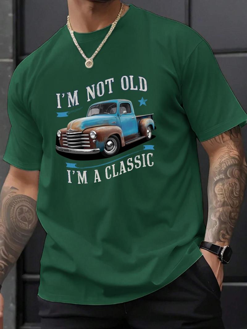 Product Introduction of Men's Regular Fit Vintage Truck Print Round Neck Tee, Casual Short Sleeve T-shirt for Summer, Men's Top for Daily Wear, Tropical 2