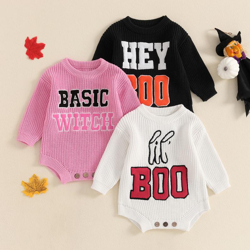 Baby Knit Romper, Long Sleeve Crew Neck Letters Bodysuit Sweater for Casual Daily 1