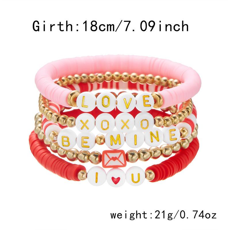 Product Introduction of Europe and America Cross Border Valentine's Day Bracelet Multi-Layer Twin Pink Love Pendant Bracelet Polymer Clay Beaded Stretch Bracelet 5