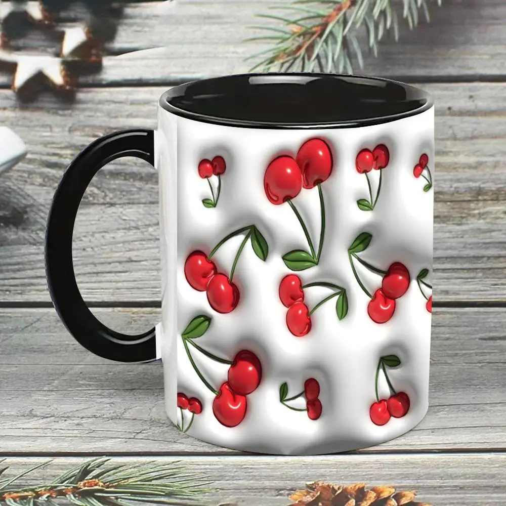 3D Effect Cherry Pattern Ceramic Mug, 1 Count 11oz Creative Coffee Mug with Handle, Drinking Cup for Home Office Use, Gift for Girlfriend