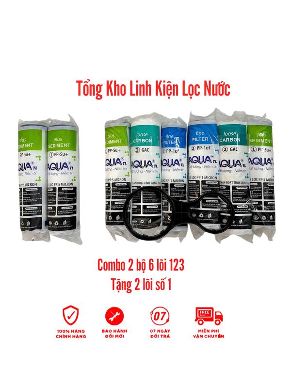 Combo 2 Bộ 6 Lõi 123 TẶNG KÈM 2 Lõi số 1, Tổng 8 lõi AQUA Chính Hãng Dùng được cho mọi loại máy lọc nước gia đình, máy lọc nước RO cốc lọc 10 inch