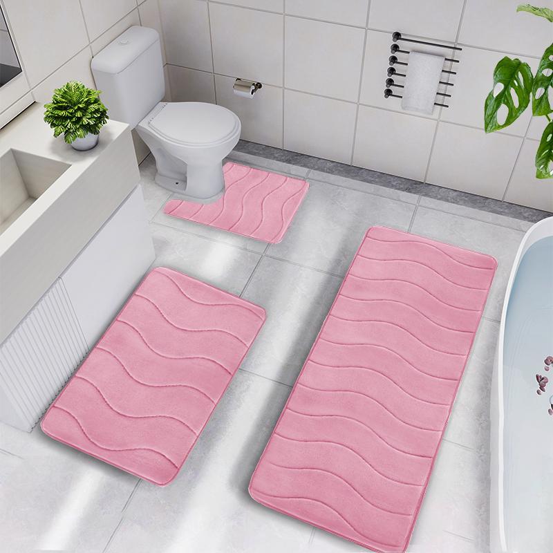 Soft Non-slip Bathroom Mat Set, 3pcs/set Household Wave Embossed Quick-dry Rug, Washable Water Absorbent Floor Pad, Household Bundle Bathroom Accessories 1