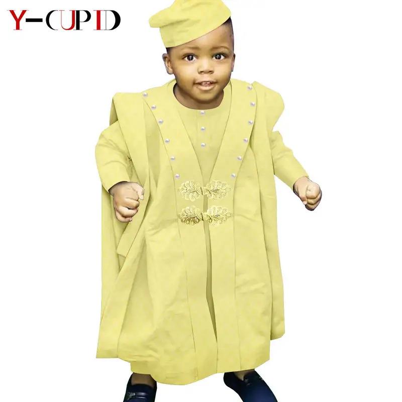 African Boy Outfit Bazin Riche Muslim Jacquard 4 Pieces Sets Tee Pant Robes and Cap Kids Children Suits Agbada Outwear Y234017 9