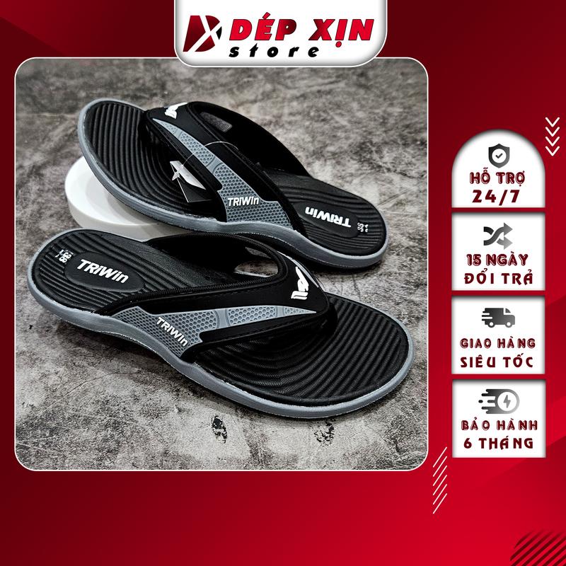 Dép Kẹp Cao Cấp TRIWIN Quai Nhựa Đế Cao Su Chống Trơn (Đen Sọc Xám) xỏ DéP Đế Bằng Đồng Hoa depkep nam đẹp Quai Hậu ngón dibien