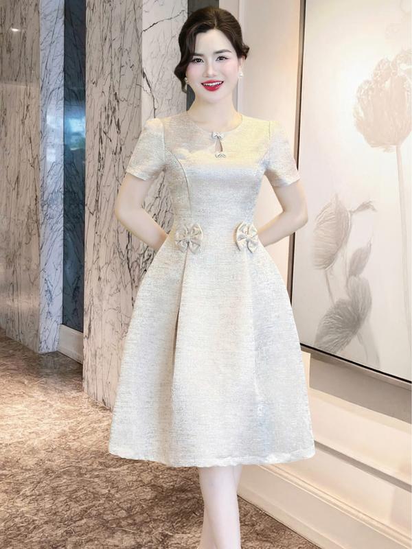 MIỄN SHIP MDU4486 Váy Tafta Ánh Kim 2 Lớp - Thiết Kế Cổ Tròn Thanh Lịch Điểm Xuyến Nơ Duyên Dáng Cho Nữ đầm trắng Women Dress