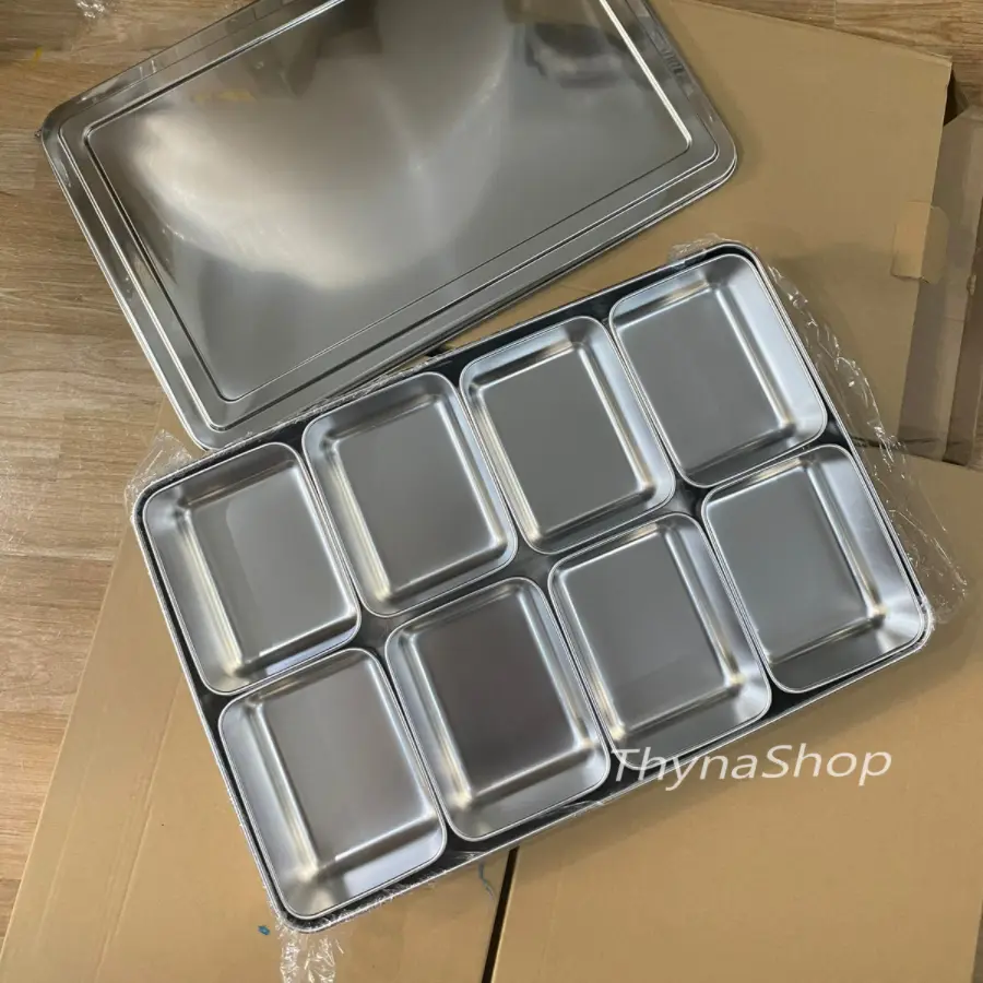 Set khay inox đựng gia vị, topping trà sữa, nhân bánh mì có nắp, set 4 / 6 / 8 ngăn
