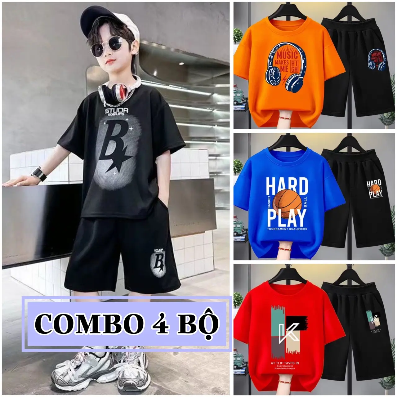 Combo 4 Bộ quần áo trẻ em nam,  bộ đồ bé trai ( có size từ 17 đến 40kg ) chất thun thái mềm mát, co giãn thấm hút mồ hôi, quần lửng, áo cộc tay.