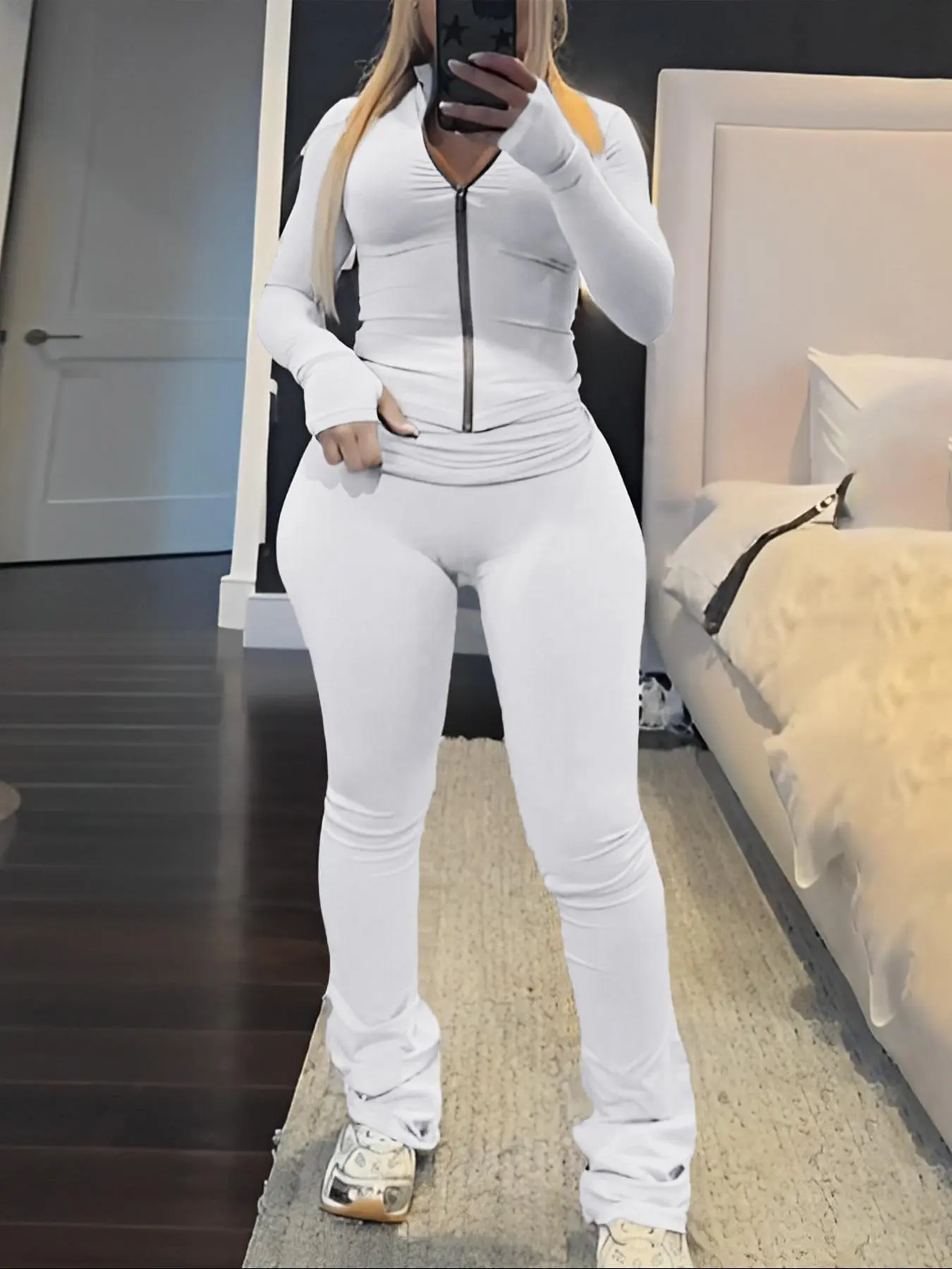 Women's Solid Pants Set, Casual Zip Up Crop Outerwear & Skinny Pants Set for Spring & Fall, Women's Two-piece Outfits for Daily Wear, Womenswear