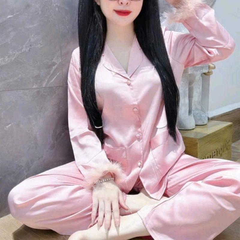 sét bộ lụa pijama lông vũ lụa latin tay dài 3 màu , free size 45_61 kg Áo Ngủ Nữ Quần Ngủ Women Voi Dài Tay 5