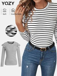 YOZY Women's Striped Print Layered Ruffle Trim Tee, Casual Long Sleeve Round Neck T-Shirt for Spring & Fall, Women's Top for Daily Wear
