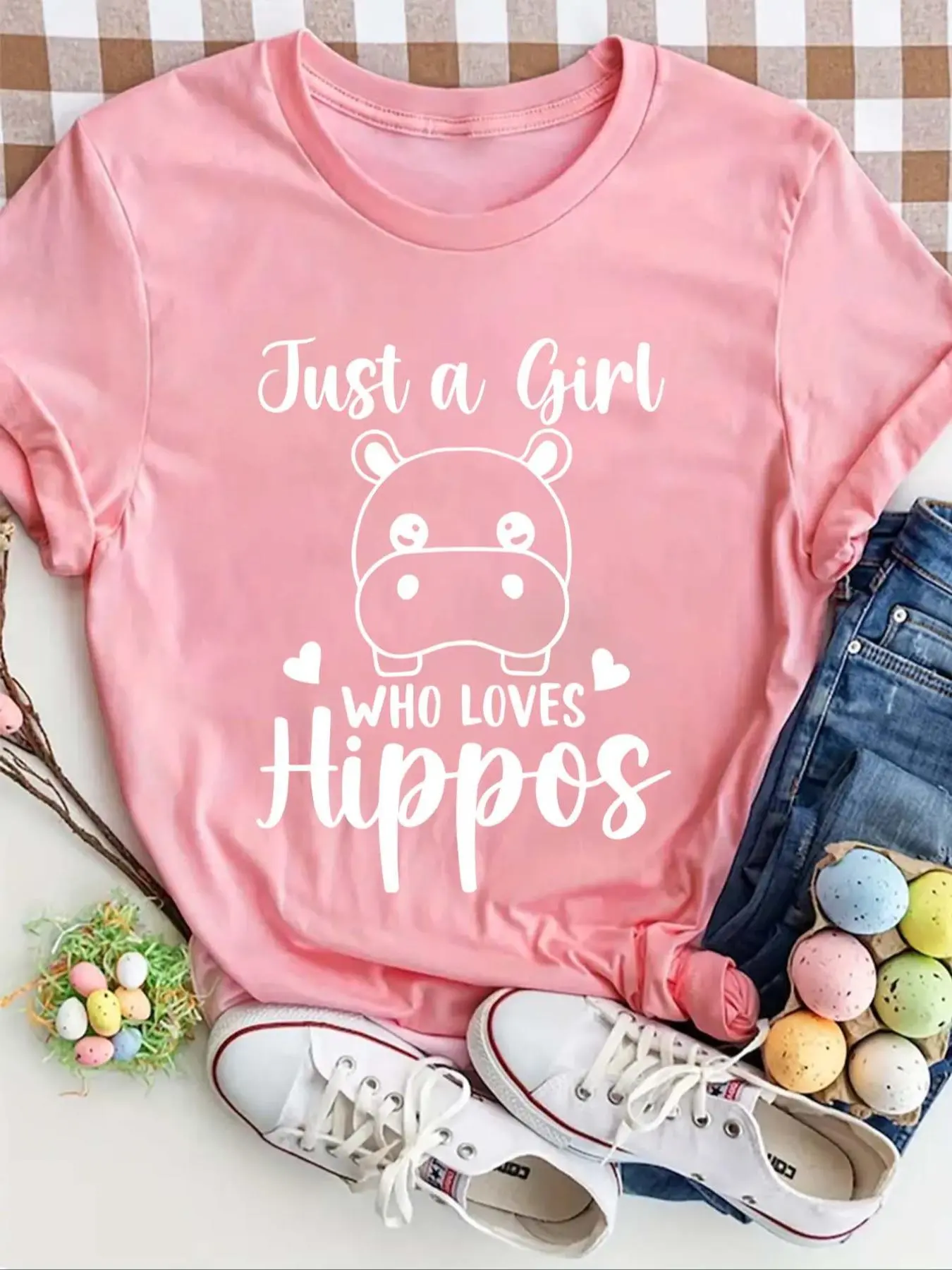 Women's Hippo & Letter Print Round Neck Tee, Casual Graphic Short Sleeve T-Shirt, Ladies All Seasons Outfit