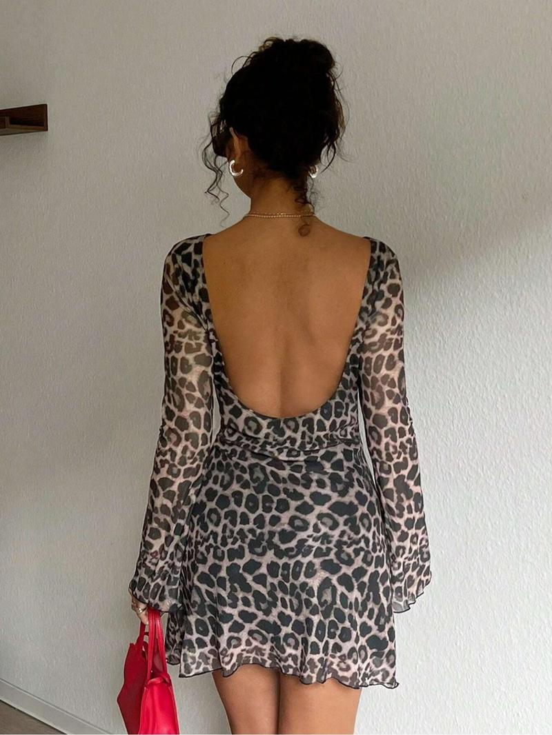 Product Introduction of Women's Leopard Print Backless Mesh Dress, Fashion Casual Boat Neck Flounce Sleeve Short Dress for Daily Outdoor Wear, Women Dress for Spring Fall, Valentine's Day Gift for Girl, Dresses for Women, Holiday Dresses 2