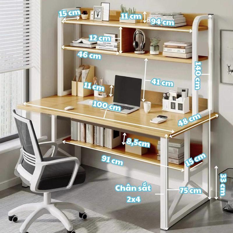 Bàn làm việc, bàn học kèm kệ sách hai tầng Nội Thất 5C BH-097 - Chân sắt 2x4cm dày dặn, mặt bàn phủ melanime dày 15mm, bo góc an toàn