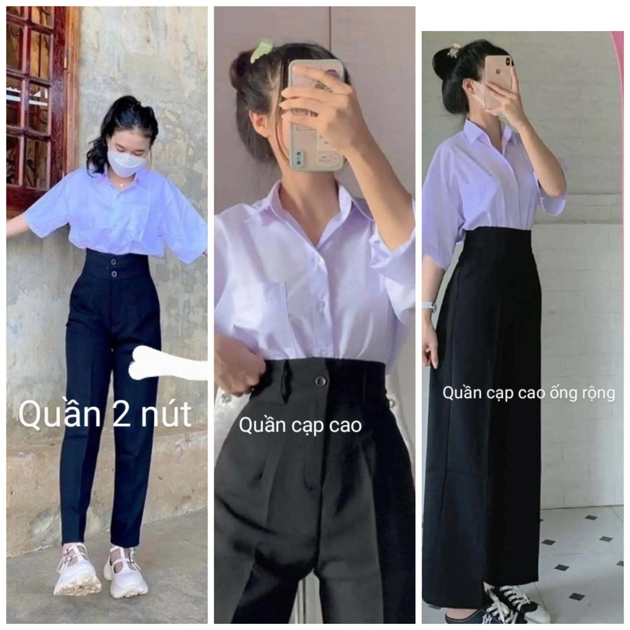 sét áo trắng với quần cạp cao (bộ quần áo trắng quần đen dài tay và ngắn tay Nữ Pants