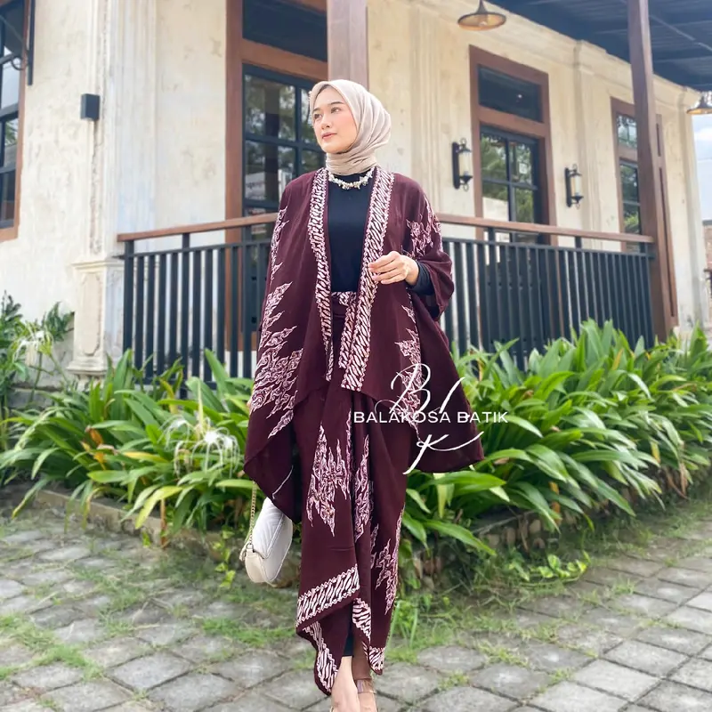 OUTFIT KONDANGAN SIMPEL ONE SET BATIK OUTER ROK LILIT KIMONO WANITA RAYON GLOYOR MOTIF ETNIQ OVERSIZE MODERN Muslim Setelan Simple 2