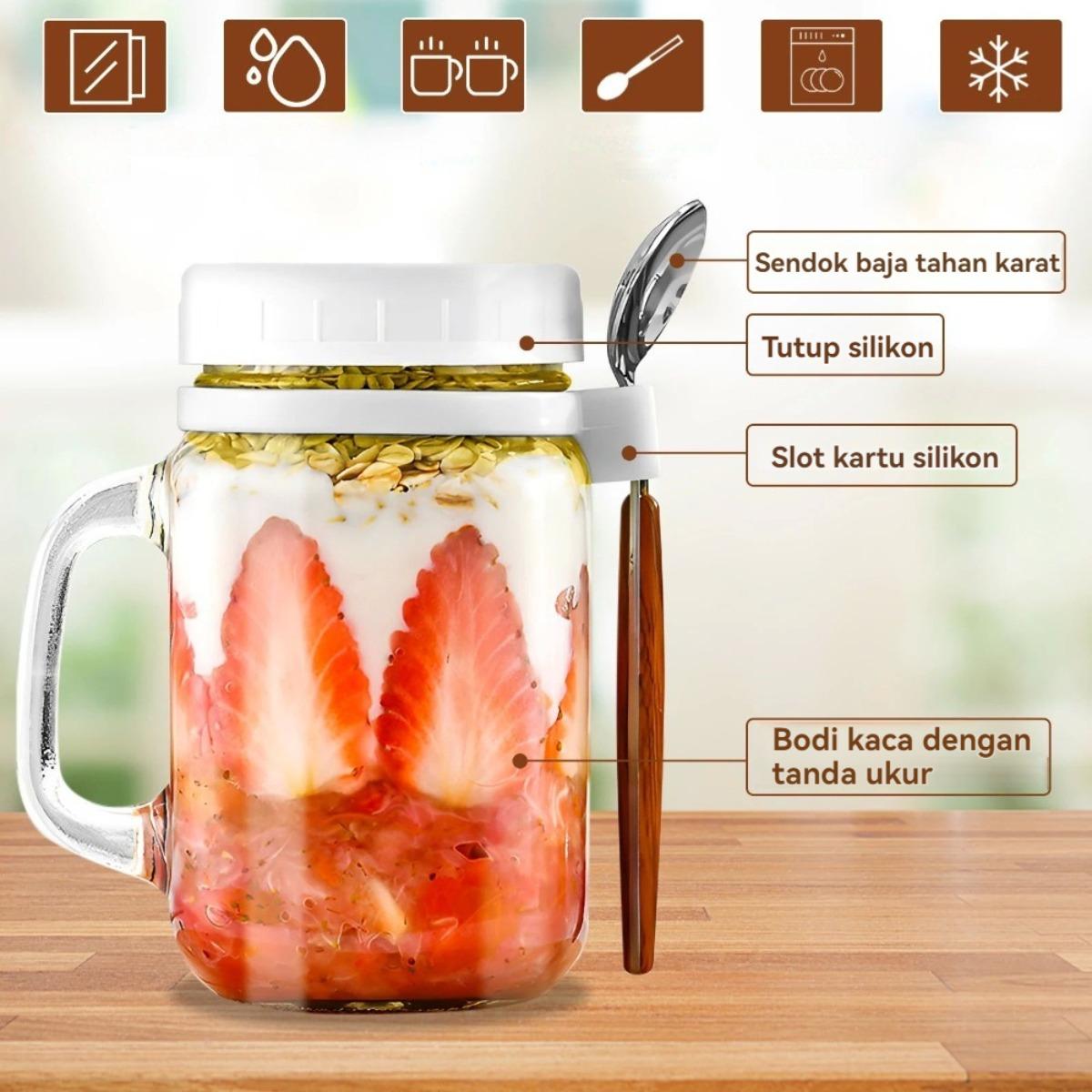 Gelas Oatmeal Kecil dengan Tutup & Sendok - Alat Sarapan Sehat, Wadah Yogurt, Cangkir Kopi, Botol Mason Jar, Tempat Bekal Kreatif untuk Salad, Susu, dan Minuman Secara Ringkas