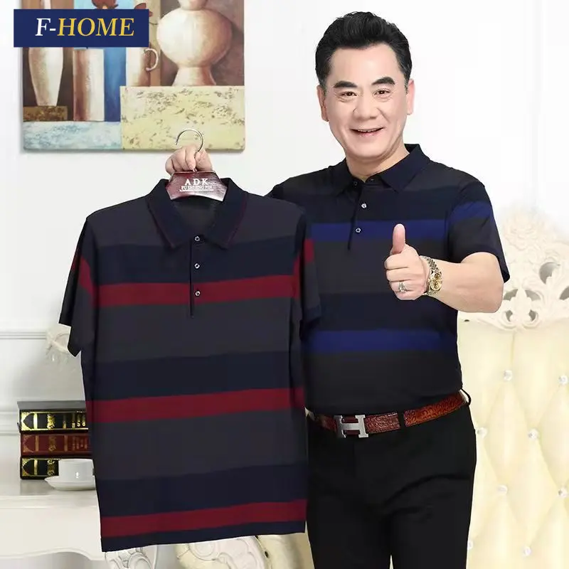 F-HOME Dad's Summer Wear Middle-Aged Men's Short-Sleeved T-shirt Men's Ice Silk Lapel T-shirt Summer Middle-Aged and Elderly plus Size Men's Clothing
