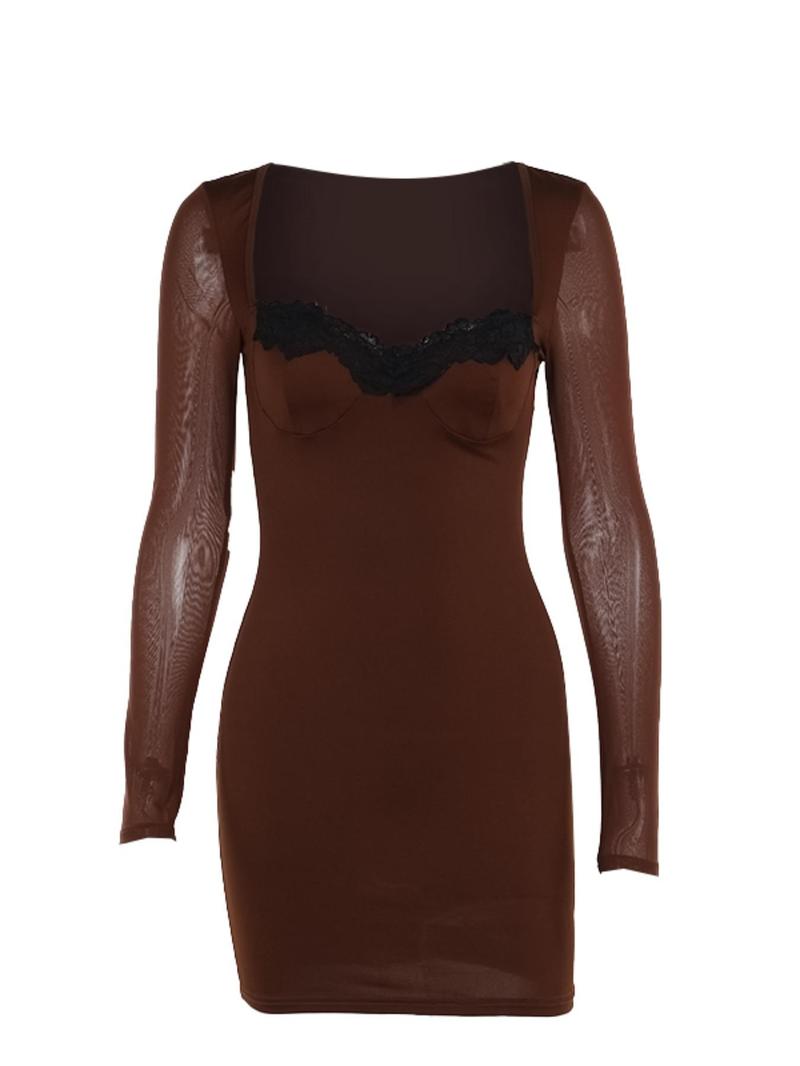 Product Introduction of Women's Contrast Lace Sweetheart Neck Bodycon Dress, Elegant Long Sleeve Mini Dress for Party Club Dating Wear, Ladies Clothes for All Seasons 6