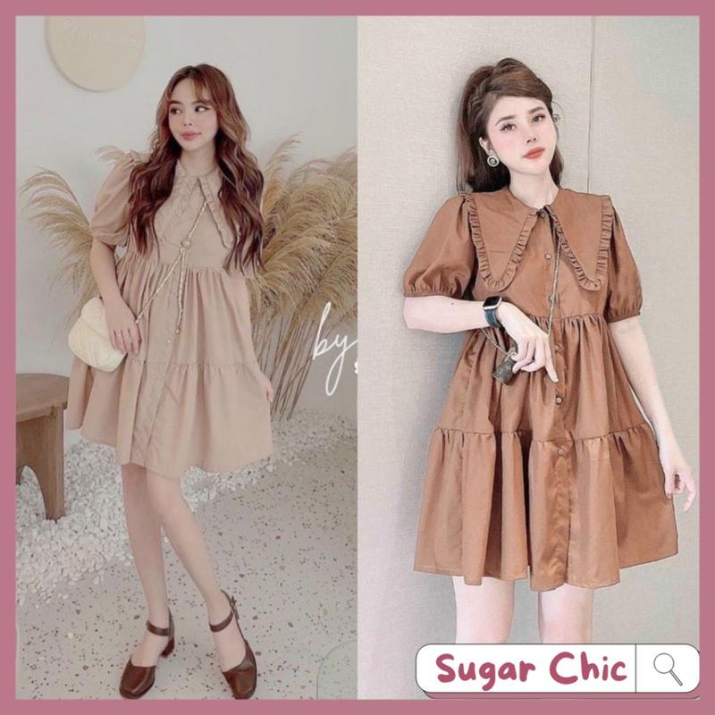 Váy babydoll kem cổ seᵰ bèo dễ thương, Đầm váy freesize babydoll cổ seᵰ 2 màu mặc đi chơi siêu đáng yêu giá siêu rẻ 0