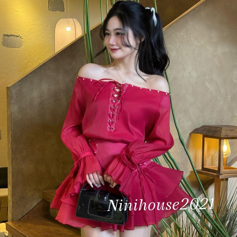 Set áo dây đan đính hạt trễ vai đục khoen kèm chân váy voan tơ nến bồng bềnh S33 Nữ Women