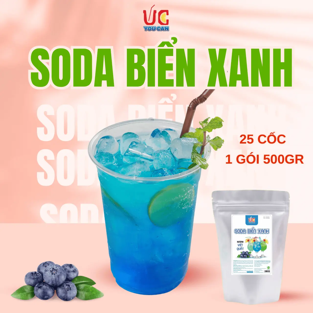 Chỉ 1Gói Pha 25 Cốc Soda Biển Xanh UC 500gr Có Sẵn Gas, Không Cần Siro và Nước Có Gas, Đủ Vị, Thơm Ngon, Dễ Pha
