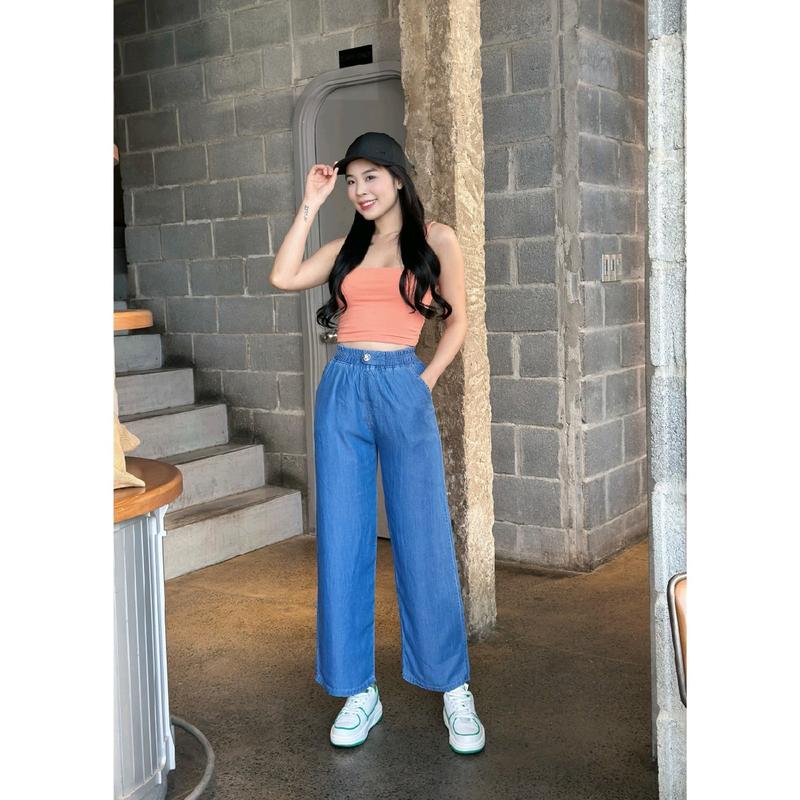 Quần dài nữ  jean giấy lụa mềm mịn  ống xuông  lưng thun đóng nút, .HT