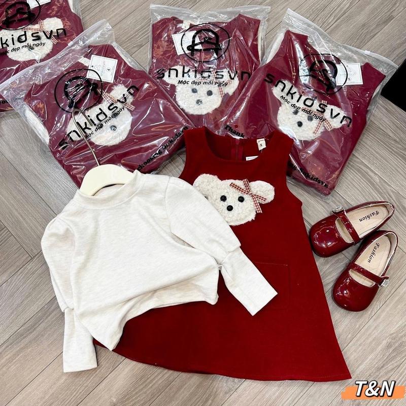 [ 10 - 20kg ] set váy Nhung 2 chi tiết kèm áo lông thỏ gấu đính nơ Hồng 6